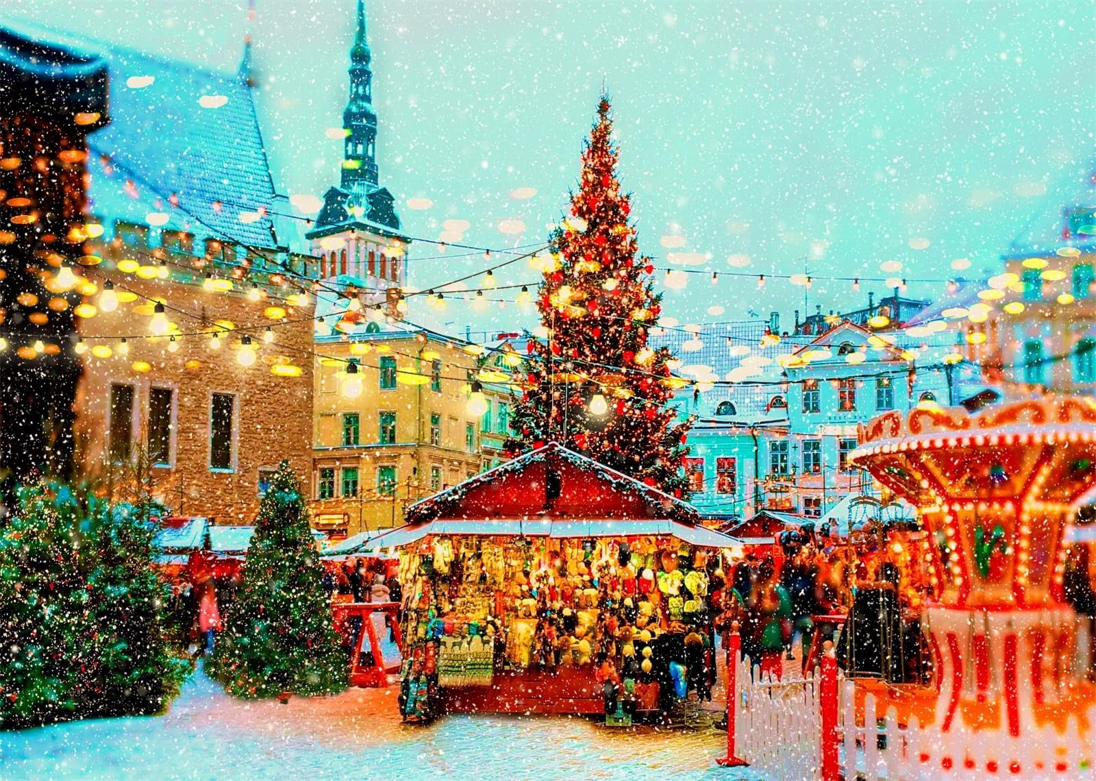 European Christmas market with snow and decorations