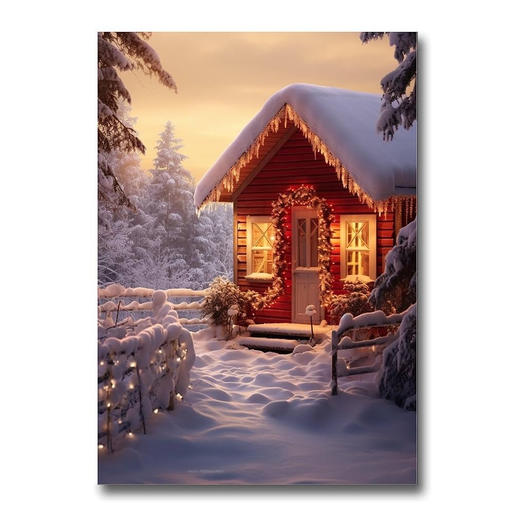 Cozy Christmas cabin in snow